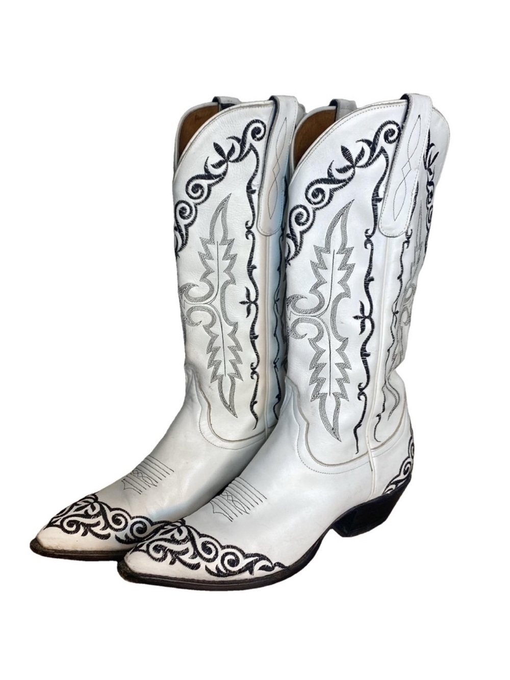 LARRY MAHAN Vintage White Leather Cowboy Boots Black Embroidery Western Size 6